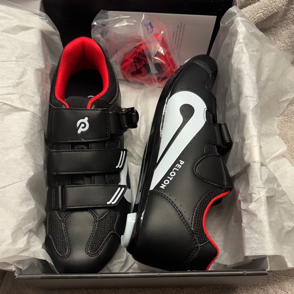 Peloton Black Cycling Shoes with Red and White Accents